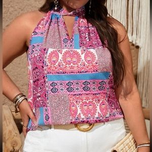 Plus size floral print tie back halter top